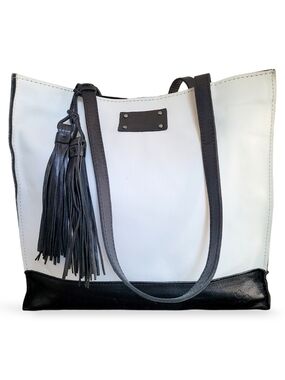 Patricia Nash Toscano Colorblock Leather Tote Black White Tassel Bag